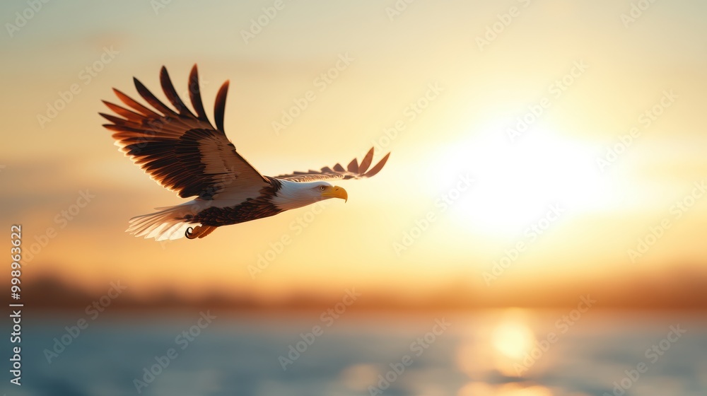 Fototapeta premium An eagle soars through the sky with its mighty wings fully outstretched, gliding effortlessly over the shimmering ocean waters as the sun rises or sets in the background.