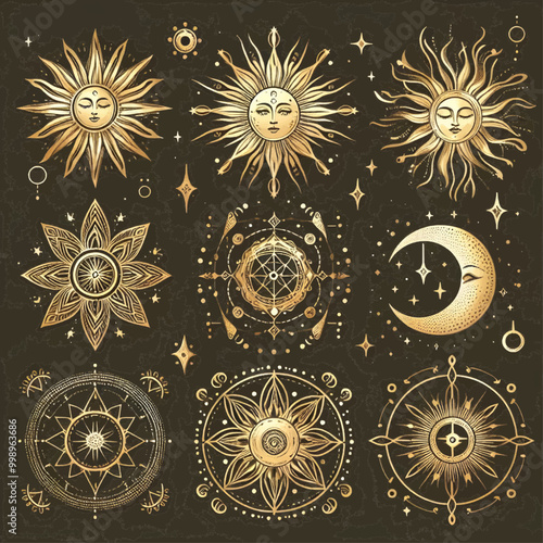 Vector golden set of mystical magic different sun and moon. Spiritual occultism objects, trendy style. Elements template for posters, prints, patterns, illustrations and logos. 