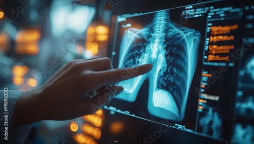 Person, hands and medical xray of lungs for asthma, cancer or tuberculosis research with anatomy hologram. Doctor, finger and healthcare with digital dashboard for medicine innovation and progress