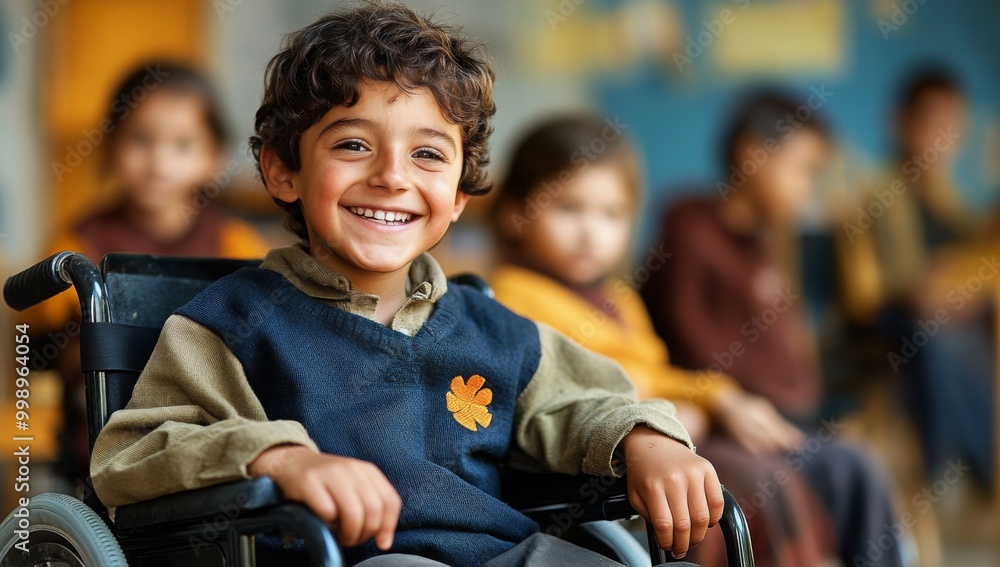 Happy disabled schoolboy in wheelchair. Young boy with disability in ...