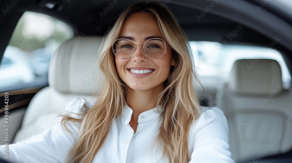A woman with long, straight hair sits in the driver's seat of a car wearing a white shirt, suggesting a modern, urban, and possibly professional setting during the daytime.