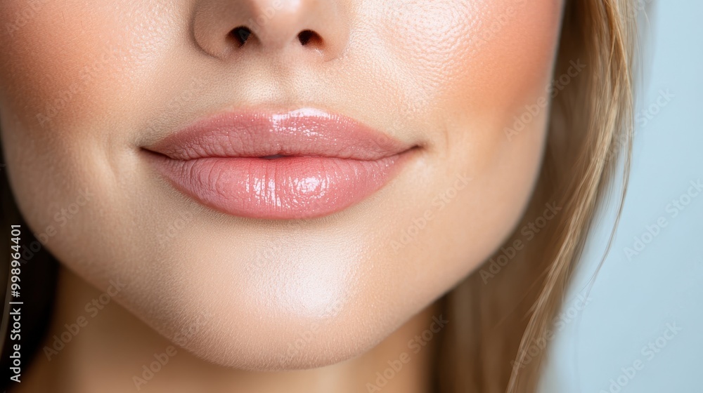 A detailed and artistic close-up of a person's lips and lower face showcasing a soft blue background and partially visible hair, highlighting beauty and texture. A detailed and artistic close-up of a person's lips and lower face showcasing a soft blue background and partially visible hair, highlighting beauty and texture.