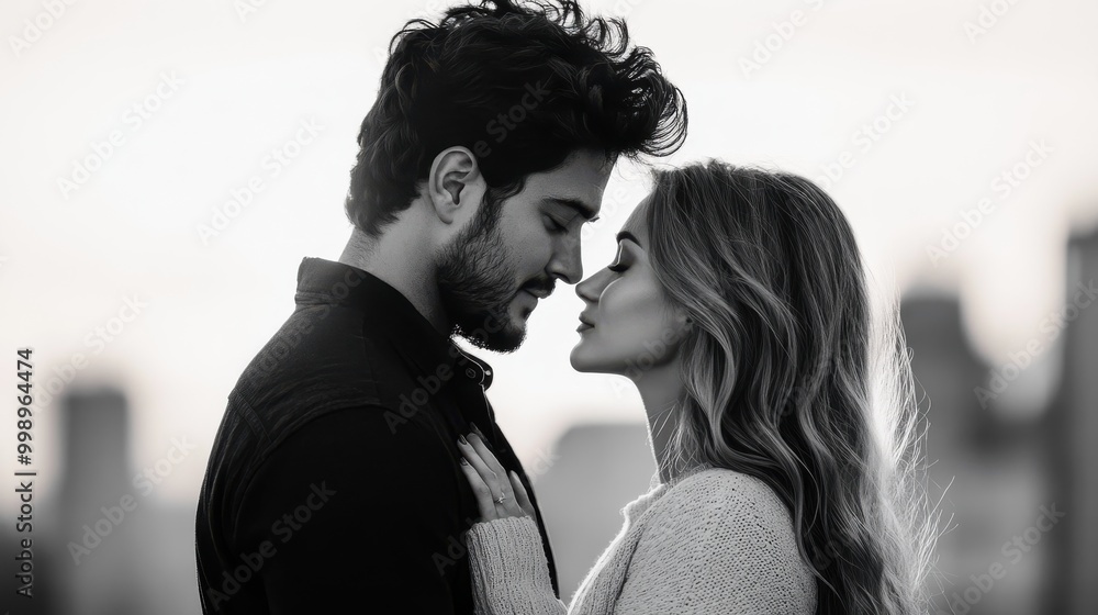 This black and white photograph captures an intimate moment between a couple standing close, facing each other, conveying deep emotional connection and mutual affection. This black and white photograph captures an intimate moment between a couple standing close, facing each other, conveying deep emotional connection and mutual affection.