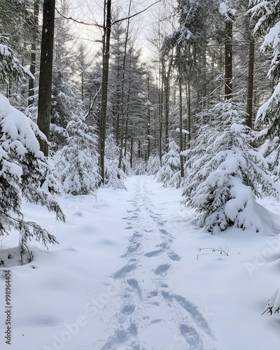 Snowy Pathway Through Winter Forest with Footprints in Fresh Snow