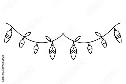 One continuous line drawing of Christmas garland with light bulbs. Festive festoon xmas string and divider border in simple linear style. Editable stroke. Doodle vector illustration