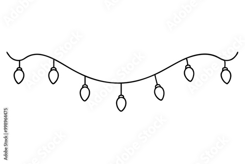 One continuous line drawing of Christmas garland with light bulbs. Festive festoon xmas string and divider border in simple linear style. Editable stroke. Doodle vector illustration