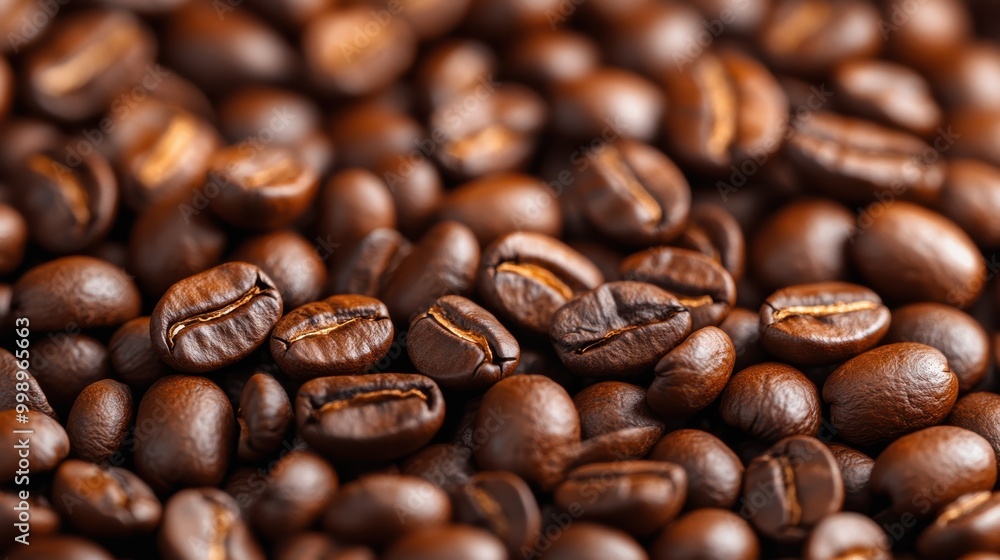 Fototapeta premium This image shows a pile of coffee beans capturing the diversity in size and color among the beans, highlighting the richness and variety present in a single batch.