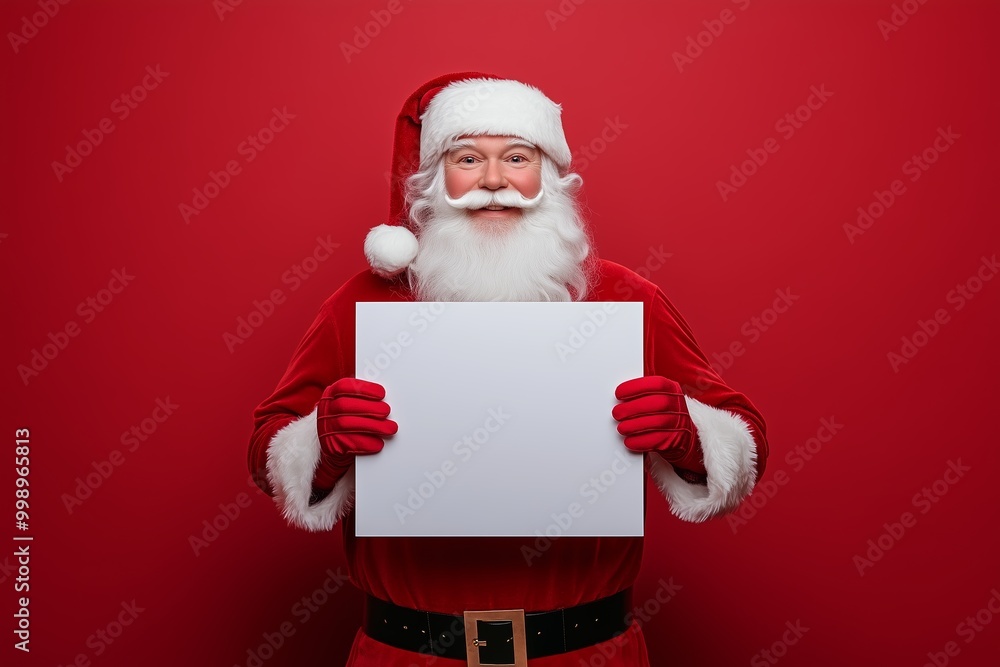 Santa Claus in festive attire holding a blank sign against a vibrant red background Santa Claus in festive attire holding a blank sign against a vibrant red background