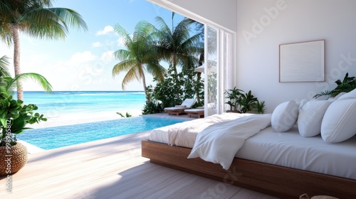 A beautifully designed bedroom with an open view of an infinity pool seamlessly blending into a tropical ocean backdrop, giving a sense of luxury, tranquility, and openness.