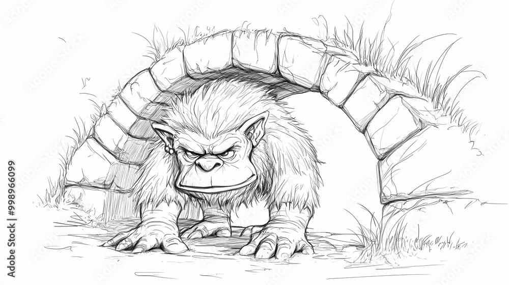 Obraz premium Sketch outline of a troll under a bridge, outlined for coloring, on a white background. Troll Bridge. Illustration