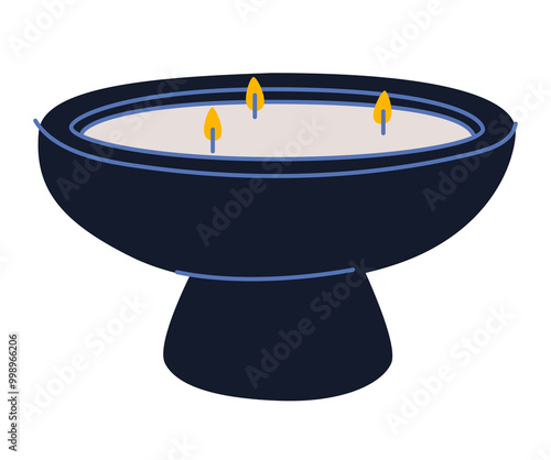 Scented soy wax candle. Modern three-wicked aromatic decoration for cosy home interior. Decorative romantic candlelight