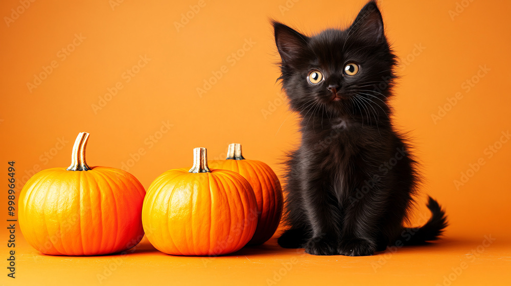 Cute long-haired black kitten sitting with orange pumpkins on an orange background. Cute long-haired black kitten sitting with orange pumpkins on an orange background.