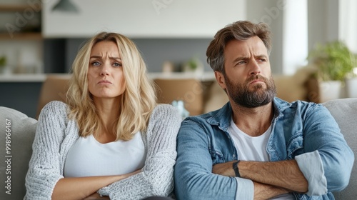 A couple seated on a grey couch, each with their arms crossed and looking away from each other, in a modern living space, indicating a possible disagreement, tension, or conflict.