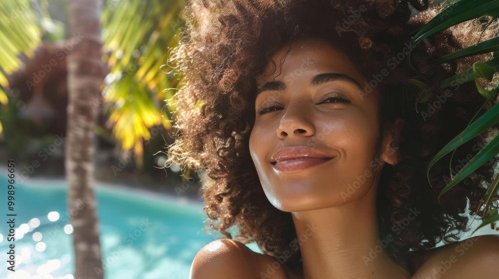 Serene woman with curly hair, softly smiling while basking in the warmth of a tropical poolside setting. Surrounded by palm trees and lush greenery, the scene exudes tranquility Serene woman with curly hair, softly smiling while basking in the warmth of a tropical poolside setting. Surrounded by palm trees and lush greenery, the scene exudes tranquility