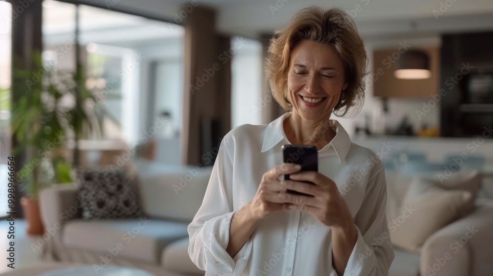 A mature woman in a white blouse smiles while using her smartphone in a bright, modern living room. The spacious and stylish setting reflects comfort and contemporary living A mature woman in a white blouse smiles while using her smartphone in a bright, modern living room. The spacious and stylish setting reflects comfort and contemporary living