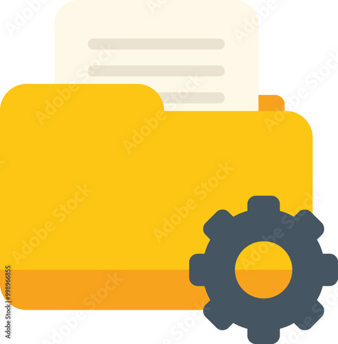 Flat vector illustration of a yellow folder with documents and a gear, representing file management or data processing
