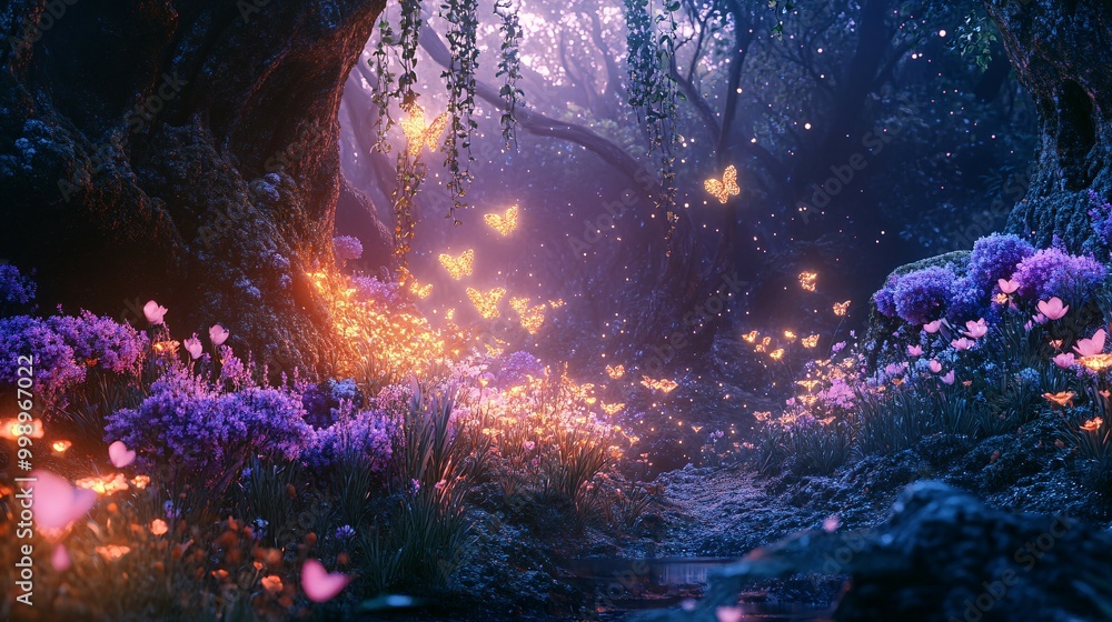 Fototapeta premium A Mystical Forest Path Lit by Glowing Butterflies
