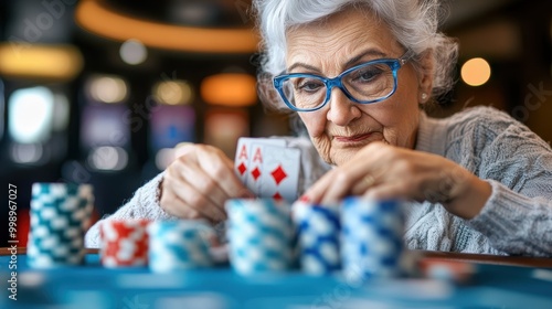 An elderly woman intensely focuses on her poker hand, holding two aces, surrounded by high-stake poker chips on a gambling table, highlighting strategy and excitement. photo