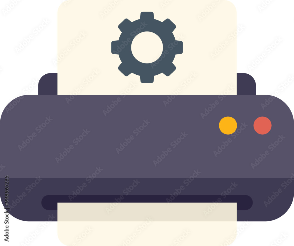 Icon of a printer undergoing setup configuration, symbolized by a prominent cogwheel displayed on the paper Icon of a printer undergoing setup configuration, symbolized by a prominent cogwheel displayed on the paper