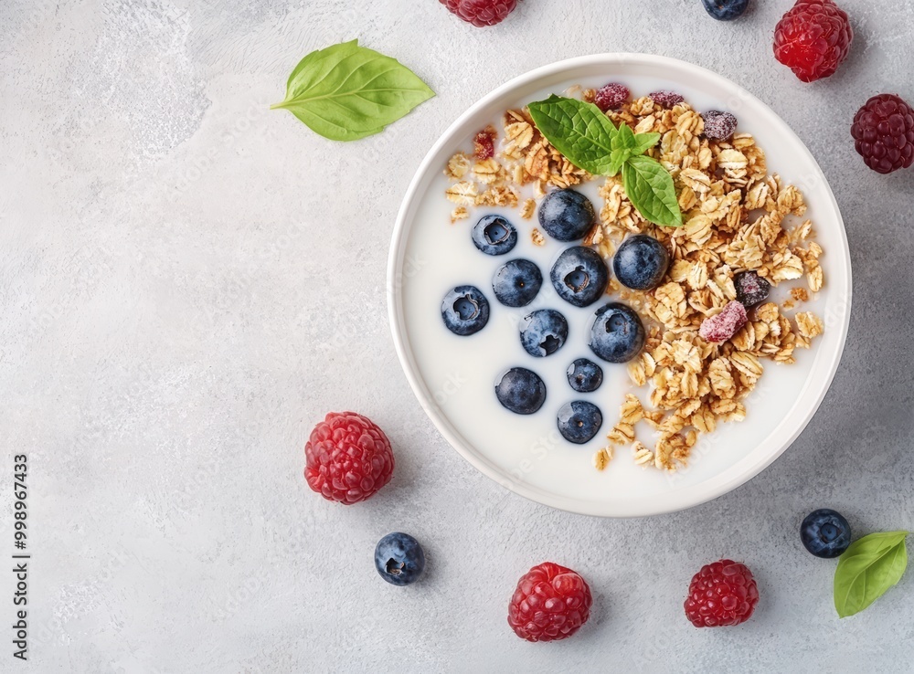 granola with blueberries and milk in a bowl on a light grey background, top view. healthy breakfast with a bowl of milk and wheat grass cereal with fresh fruits for a balanced meal concept. granola with blueberries and milk in a bowl on a light grey background, top view. healthy breakfast with a bowl of milk and wheat grass cereal with fresh fruits for a balanced meal concept.