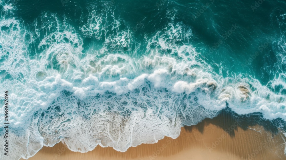Aerial View of Turquoise Ocean Waves Crashing on Sandy Beach Aerial View of Turquoise Ocean Waves Crashing on Sandy Beach