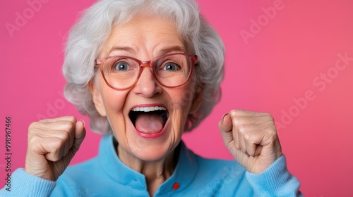 A joyful elderly woman in a blue sweater raises her fists in celebration against a vibrant pink background, embodying happiness and empowerment in her expression.