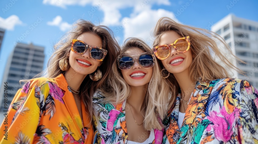Three friends wear colorful, eye-catching outfits and large earrings in an outdoor setting, against a backdrop of urban high-rise buildings and a partly cloudy sky. Three friends wear colorful, eye-catching outfits and large earrings in an outdoor setting, against a backdrop of urban high-rise buildings and a partly cloudy sky.