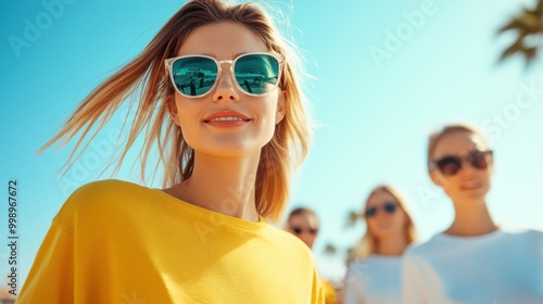 A woman in a bright yellow sweater stands in the forefront with a determined stride, leading a group of individuals behind her under a clear blue sky and palm trees swaying. photo