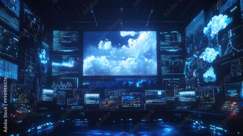 A dark room filled with glowing computer screens displaying various data, charts, and a large screen showing a night sky with clouds. A dark room filled with glowing computer screens displaying various data, charts, and a large screen showing a night sky with clouds.