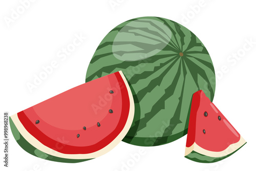 Half of watermelon with slices and seeds. Bright juicy summer fruit. Colored flat vector illustration.