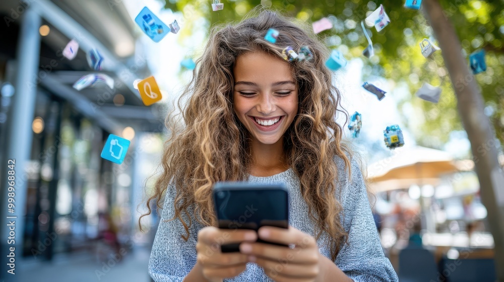 A woman with curly hair, engaged with her smartphone and surrounded by floating digital icons, emphasizing the intersection of technology, communication, and modern lifestyle. A woman with curly hair, engaged with her smartphone and surrounded by floating digital icons, emphasizing the intersection of technology, communication, and modern lifestyle.