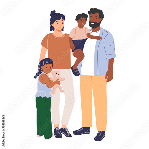 Portrait of happy multiracial family with asian mom, african dad and son. Mixed race parents with child.