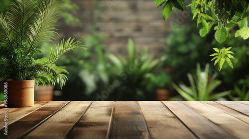 Wooden table mockup in a natural and cozy environment, perfect for product display or scene creation with a green plant background