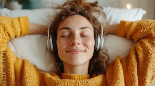 A person with headphones on relaxes with their hands behind their head, enjoying a cozy ambiance on a bed with the warm, fairy-like lighting creating a serene and tranquil atmosphere.