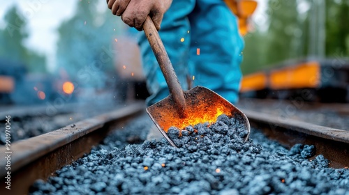 A worker using a shovel to move glowing coals on a railway track during construction, highlighting the intense manual labor and heat involved in the process.