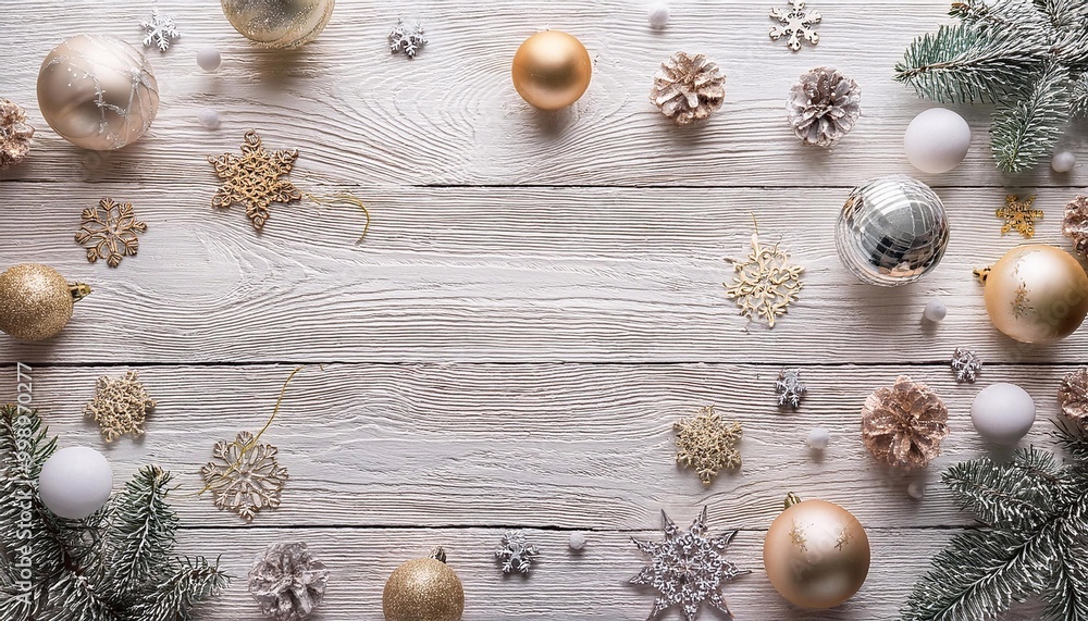 Christmas tree decorations and snowflakes scattered on wooden background with space for text, christmas and new year concept Christmas tree decorations and snowflakes scattered on wooden background with space for text, christmas and new year concept