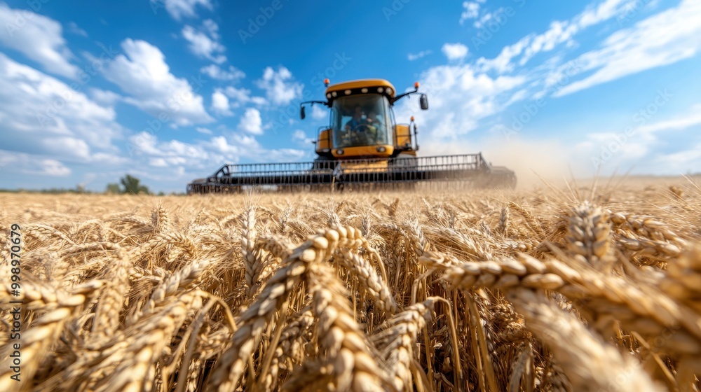 Fototapeta premium A combine harvester efficiently works its way through golden wheat fields under a blue sky with scattered clouds, showcasing the essence of modern agricultural practices.