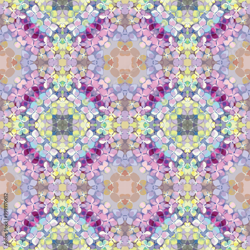 Inspired by hydrangea blossoms, this vector small detail mosaic pattern features soft pastel tones of pink, purple, and light yellow suitable for covers decor, textiles, accessories, scrapbooking