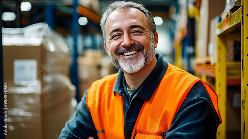 Smiling portrait of a happy middle aged warehouse worker or manager working in a warehouse