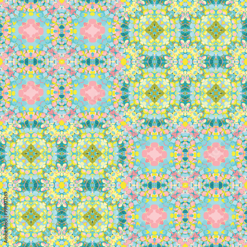 A vector mosaic style background pattern featuring soft pastel hues of pink, blue, and yellow. Ideal for childrens textiles, home decor, or stationery, offering a vibrant, playful touch of fresh