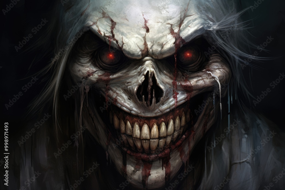 Creepy evil clown monster with bloody face. Halloween celebration. Party costume concept. Portrait of horror character or villain, evil killer Creepy evil clown monster with bloody face. Halloween celebration. Party costume concept. Portrait of horror character or villain, evil killer