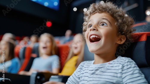 A young child with an amazed expression enjoys a movie theater experience, surrounded by other enthusiastic viewers, showcasing the wonder of cinema.