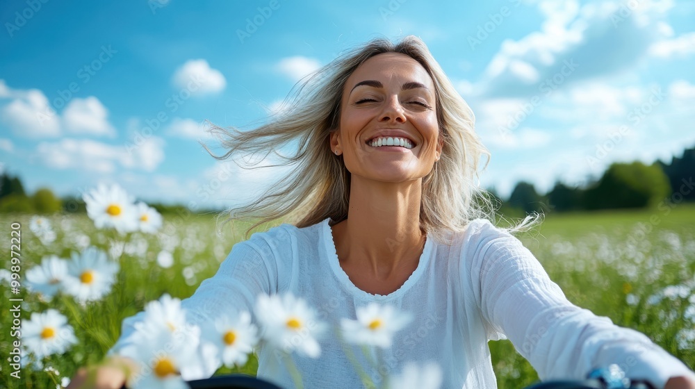 A joyful woman rides a bicycle through a field of daisies, embracing nature and freedom under a vibrant blue sky with fluffy white clouds on a sunny day. A joyful woman rides a bicycle through a field of daisies, embracing nature and freedom under a vibrant blue sky with fluffy white clouds on a sunny day.
