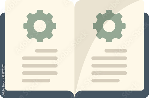 Open book with gear wheels explaining engineering and mechanics concepts