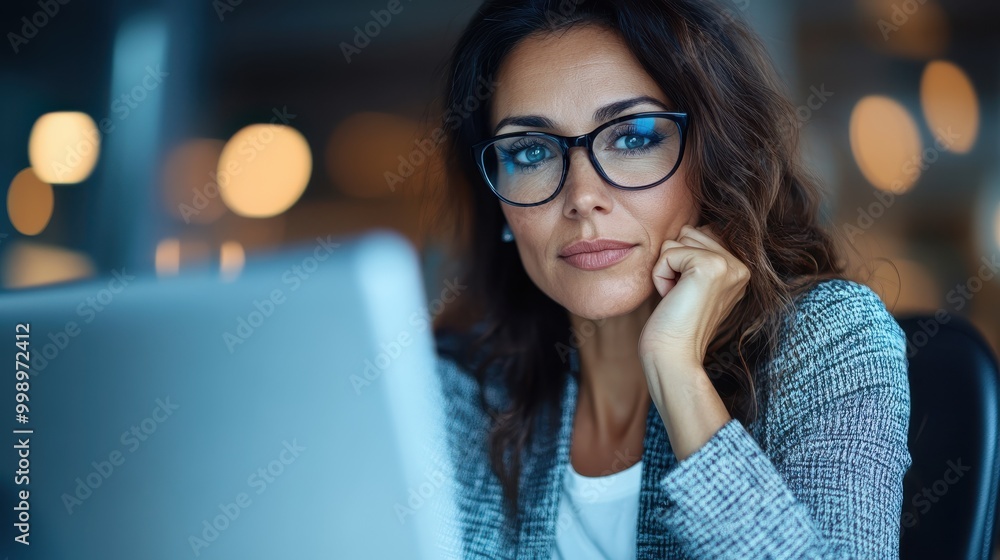A skeptical woman in smart glasses, wearing a textured grey blazer, looks up thoughtfully at a laptop against a digital workspace backdrop, highlighting concentration. A skeptical woman in smart glasses, wearing a textured grey blazer, looks up thoughtfully at a laptop against a digital workspace backdrop, highlighting concentration.