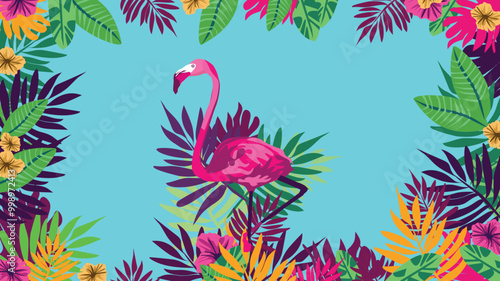 a bright pink flamingo surrounded by lush tropical foliage, including green leaves and various colorful flowers, set against a turquoise background.