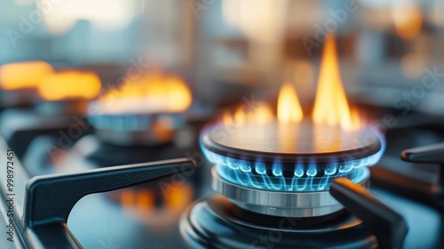 Image of lit gas stove burners with strong orange and blue flames, showing the heating power and efficiency for cooking in a modern kitchen setup. photo