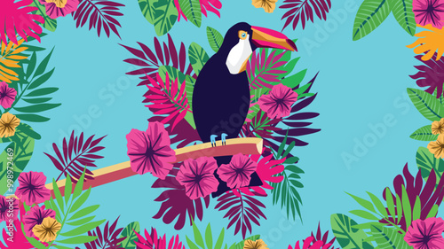 a toucan perched on a branch and surrounded by lush tropical leaves and colorful flowers, representing the beauty and diversity of nature.