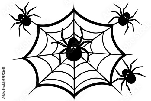 Spiders on cobweb or spiderweb for Halloween holiday and trick or treat party, vector background. Horror night holiday greeting card with creepy spooky spiders hanging on cobweb for banner or poster