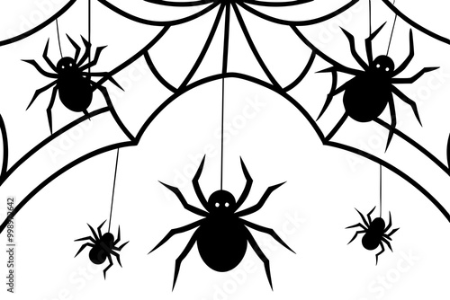 Spiders on cobweb or spiderweb for Halloween holiday and trick or treat party, vector background. Horror night holiday greeting card with creepy spooky spiders hanging on cobweb for banner or poster